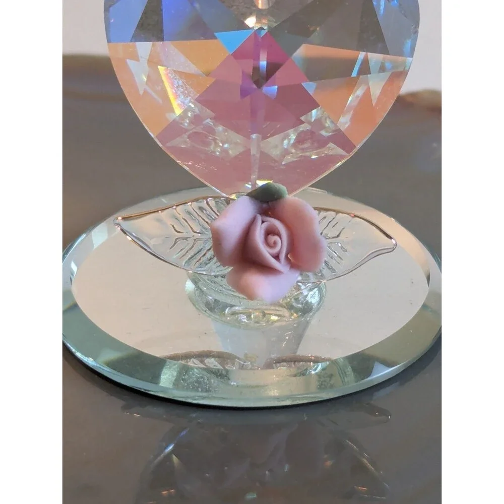 Glass Baron Handcrafted Glass Love Birds on Faceted Heart Figurine - Pink Rose